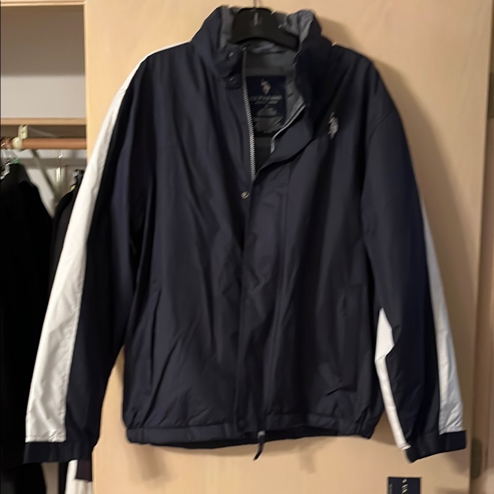 Polo Blue and White lined Windbreaker with Stand-up Collar and hidden hood